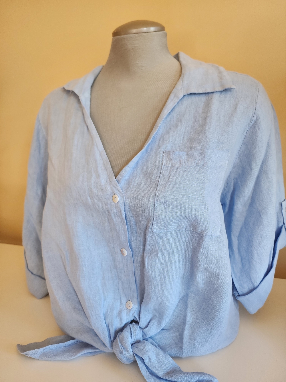 Milio Milano 100% Linen Front Tie Button Shirt Cottagecore, Blue S/M Vacation - Picture 3 of 14